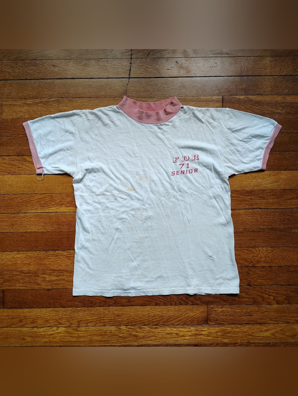 70s Vintage White Ringer Shirt Size Medium FDR Senior 1971 *HOLES/DISTRESSED*
